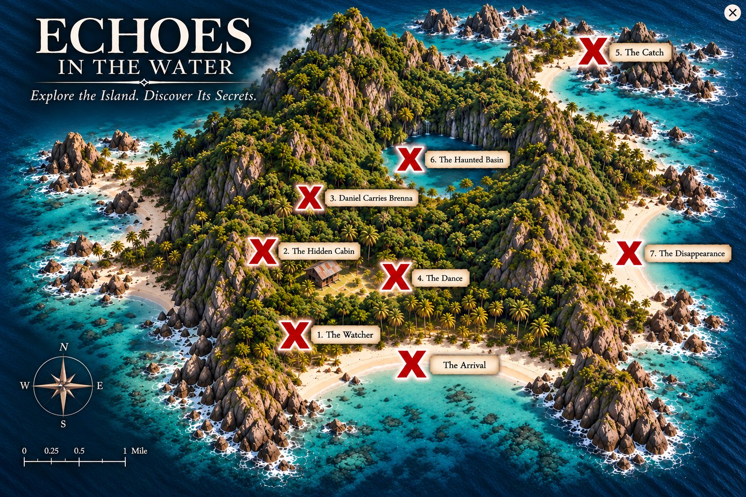 Illustrated map of the island from Echoes in the Water, showing eight red X locations